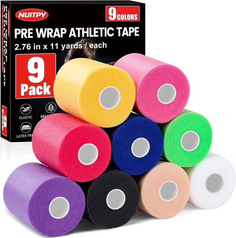 NUITPY 9 Pack Pre Wrap Tape, 9 Colors 2.76 Inch x 11 Yards Prewrap Athletic Tape for Hair Soccer, Pre Wrap Foam Tape, Soccer Pre Wrap Tape, Prewrap Headbands for Hair - Image 1